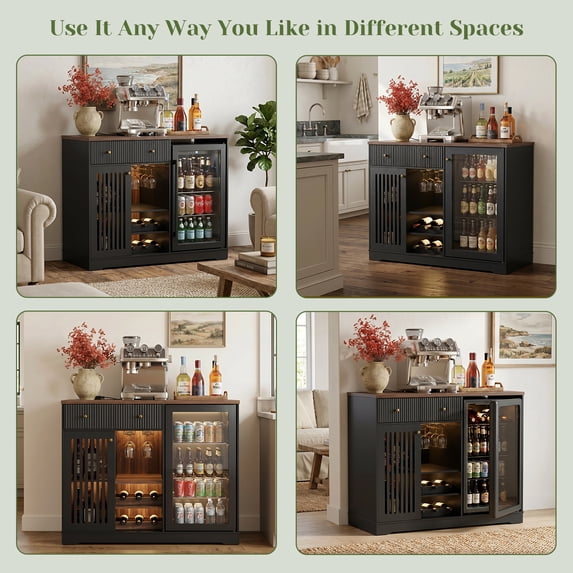 Tulib 47.2" Coffee Bar Cabinet with Fridge Space, Wine Rack, LED Lights and Charging Station, Buffet Sideboard Cabinet, Black