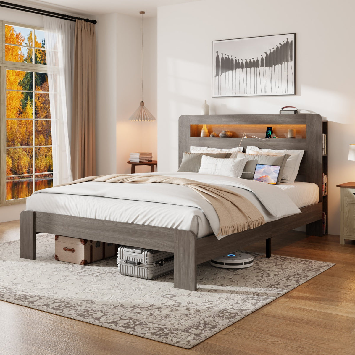 Tulib Queen Bed Frame with 2-Tier Storage Headboard, Wood Platform Bed with LED Lights and Charging Station, No Box Spring Needed, Dark Gray