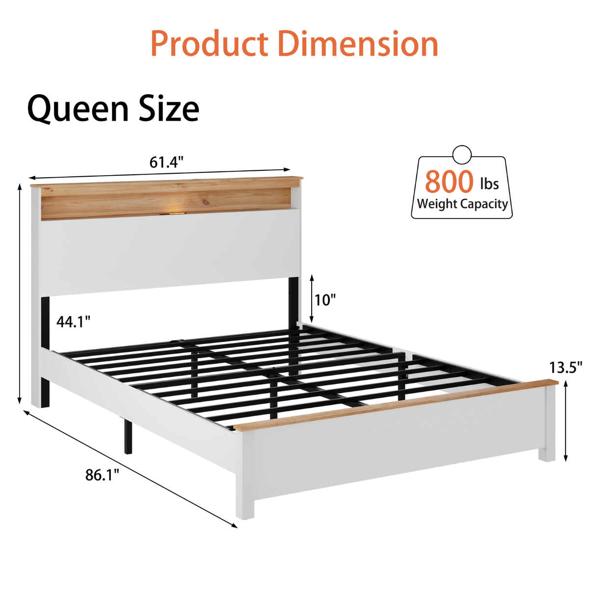 Tulib Queen Size Bed Frame with LED Lights and Charging Station, Platform Bed with Storage Headboard, No Box Spring Needed, White