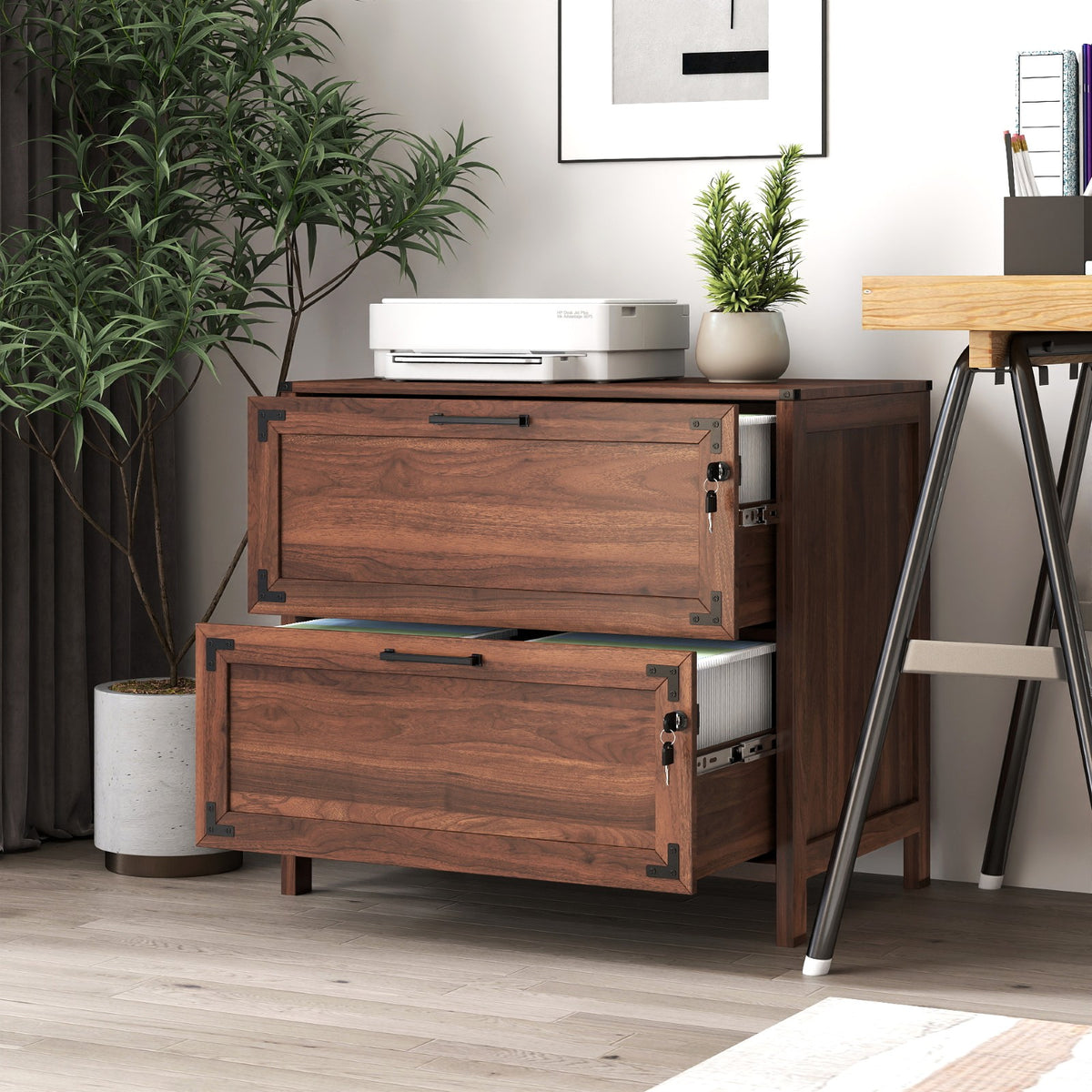 Tulib 2 Drawer File Cabinet with Lock, Wood Filing Cabinet for Home Office, Office Storage Cabinet for Letter/Legal/A4, Walnut