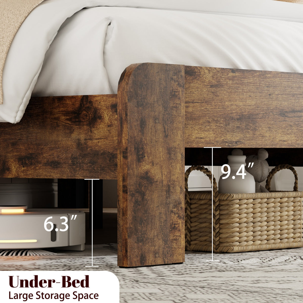Tulib Queen Size Bed Frame with Storage Bookcase Headboard, Platform Bedframe with LED Lights, Charging Station and Sliding Barn Door, No Box Spring Needed, Dark Brown