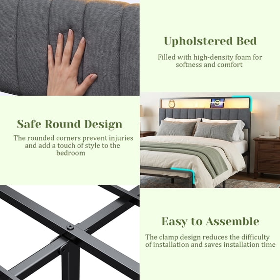 Tulib Queen Size Metal Bed Frame with Upholstered Headboard, RGB LED Lights & Charging Station, Heavy Duty Platform Bed with Under-Bed Storage, No Box Spring Needed, Easy Assembly
