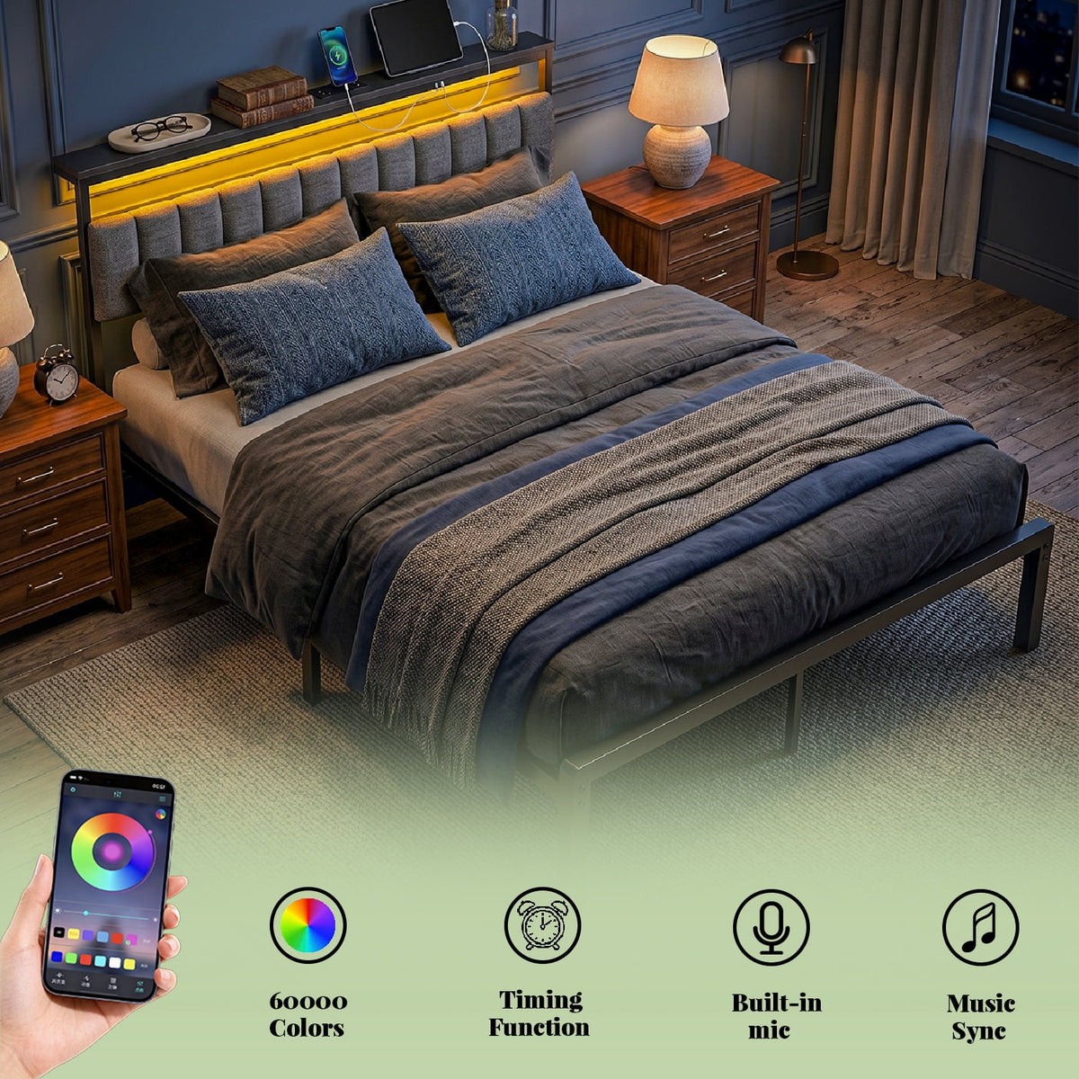 Tulib Queen Bed Frame, Queen Size Platform Bed Frame with Headboard, Underbed Storaeg and Charging Station, Upholstered Queen Bed Frame, No Box Spring, 800lbs, Easy Assembly