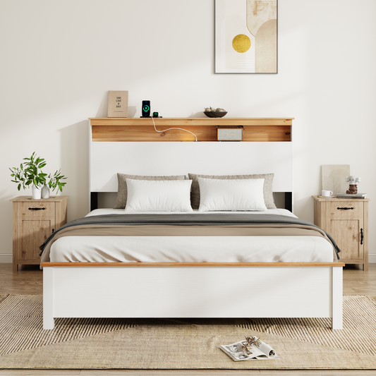 Tulib Full Size Bed Frame with LED Lights and Charging Station, Platform Bed with Storage Headboard, No Box Spring Needed, White