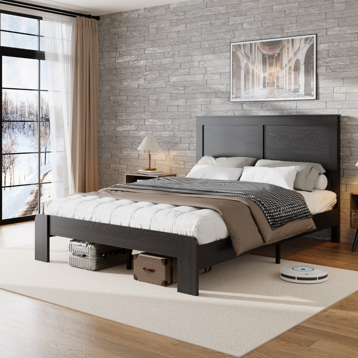 Tulib Queen Wood Bed Frame with Headboard, Farmhouse Platform Bed, Noise-Free, Easy Assembly, No Box Spring Needed, Black