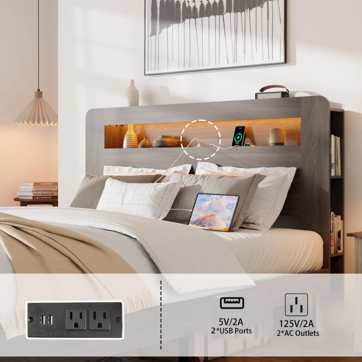 Tulib Queen Bed Frame with 2-Tier Storage Headboard, Wood Platform Bed with LED Lights and Charging Station, No Box Spring Needed, Dark Gray