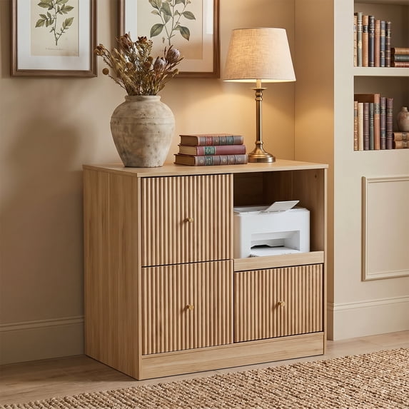 Tulib 3 Drawer File Cabinet with Charging Station, 31.5" Wood Printer Stand with Pull-Out Open Shelves for Home Offices, Natural