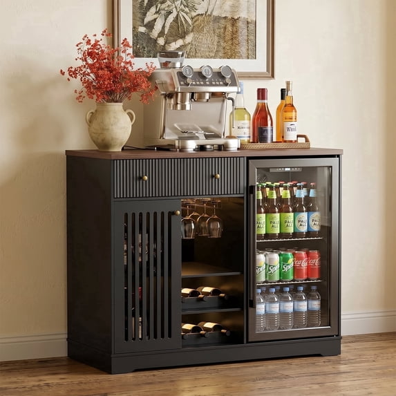 Tulib 47.2" Coffee Bar Cabinet with Fridge Space, Wine Rack, LED Lights and Charging Station, Buffet Sideboard Cabinet, Black