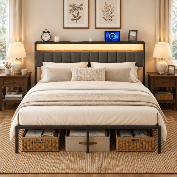 Tulib Full Size Bed Frame, with 38" Headboard LED lights, Charging Station, Upholstered Bed Frame with Under Bed Storage, No Box Spring Need, Easy Assembly