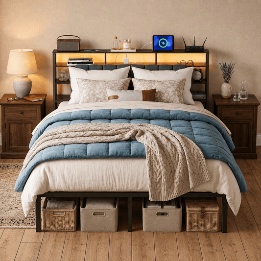 Tulib Full Size Bed Frame with LED Storage Headboard & Charging Station, Upholstered Metal Platform Bed with 9 Storage Compartments, Under-Bed Storage, No Box Spring Needed