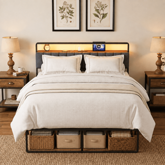 Tulib Full Size Metal Bed Frame with Upholstered Headboard, RGB LED Lights & Charging Station, Heavy Duty Platform Bed with Under-Bed Storage, No Box Spring Needed, Easy Assembly