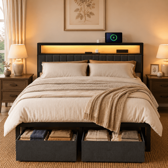 Tulib Full Size Upholstered Bed Frame with Storage Headboard & Large Drawer, RGB LED Lights, Charging Station, Metal Platform Bed with Under-Bed Storage, No Box Spring Needed, Black