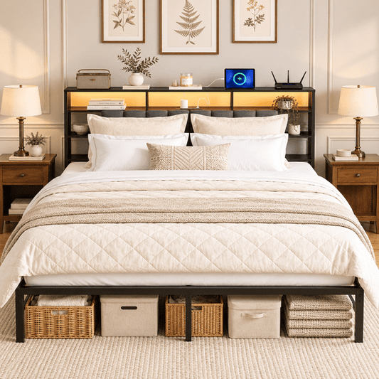 Tulib Queen Bed Frame, Queen Size Platform Bed Frame with Headboard, Underbed Storage and Charging Station, Upholstered Queen Bed Frame, No Box Spring, 800lbs, Easy Assembly