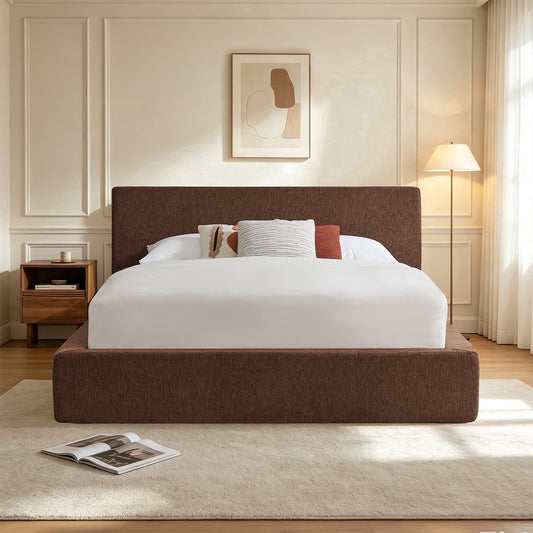 Tulib Queen Size Cloud Bed Frame with Upholstered Headboard, Chenille Fabric, Soft Rounded Edges, Brown