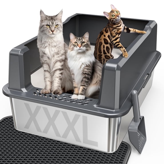 Tulib 26" Stainless Steel Cat Litter Box, Open Top Kitten Litter Box, with High Sides, Litter Mat and Scoop, Gray