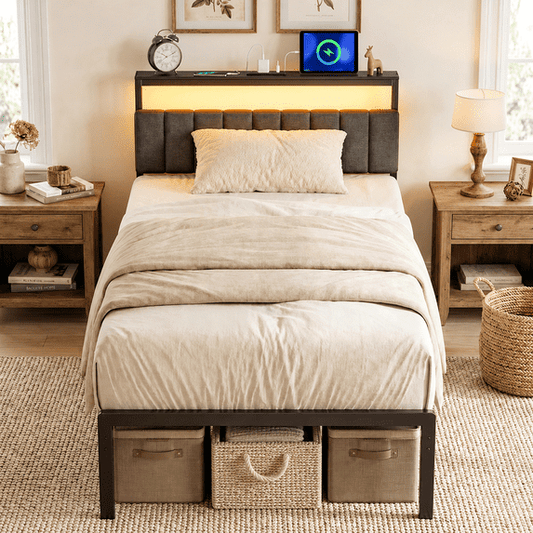 Tulib Twin Size Bed Frame, Upholstered Twin Bed with Headboard LED Lights, Charging Station, UnderBed Storage, No Box Spring Need, Easy Assembly