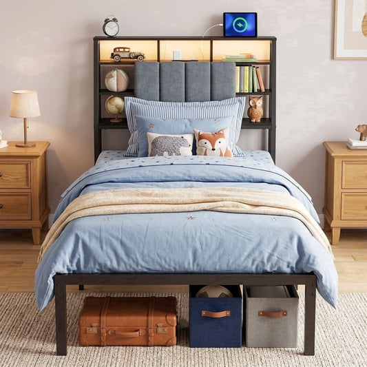 Tulib Twin Bed Frame with Underbed Storage, Upholstered Platform Twin Size Bed Frame, LED Storage Headboard, Charging Station, No Box Spring Needed, 800lbs Capacity, Easy Assembly