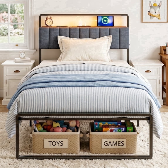Tulib Twin Size Metal Bed Frame with Upholstered Headboard, RGB LED Lights & Charging Station, Heavy Duty Platform Bed with Under-Bed Storage, No Box Spring Needed, Easy Assembly