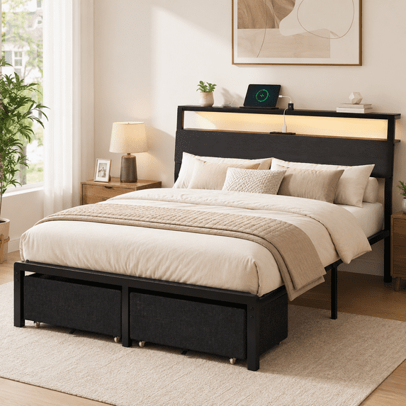 Tulib Twin Size Upholstered Bed Frame with Storage Headboard & Large Drawer, RGB LED Lights, Charging Station, Metal Platform Bed with Under-Bed Storage, No Box Spring Needed, Black