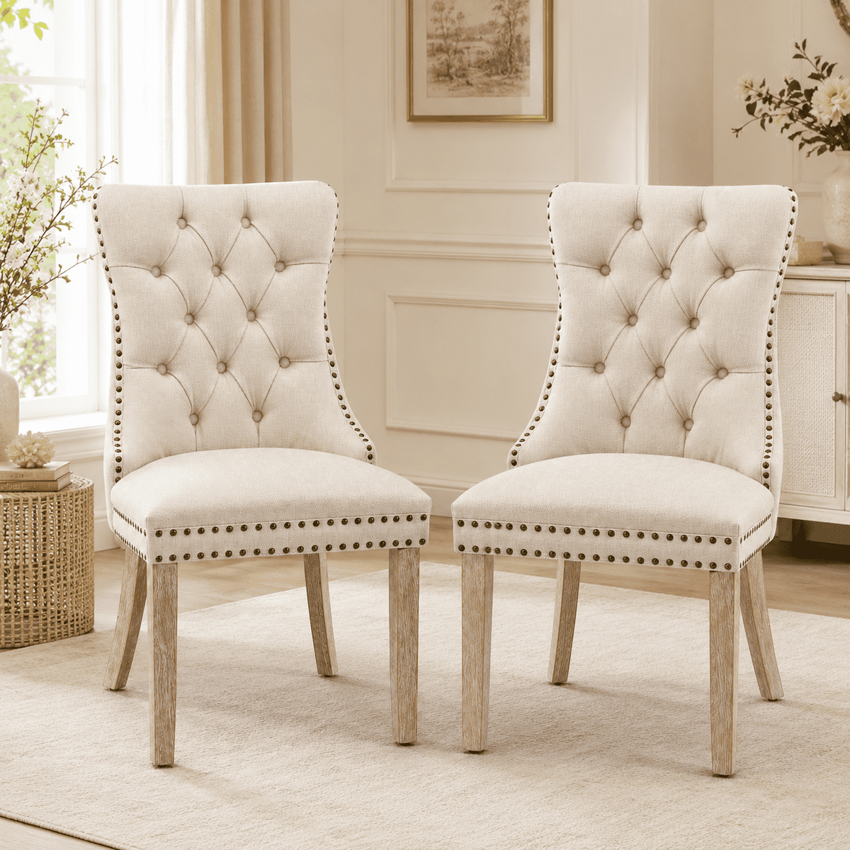 Tulib Upholstered Dining Chairs Set of 2, Tufted Linen Dining Chairs with Nailhead Trim, Foam Padded Dining Room Chairs with Rubberwood Legs, Gray