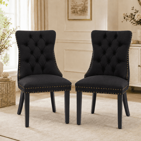 Tulib Upholstered Dining Chairs Set of 2, Tufted Linen Dining Chairs with Nailhead Trim, Foam Padded Dining Room Chairs with Rubberwood Legs, Gray