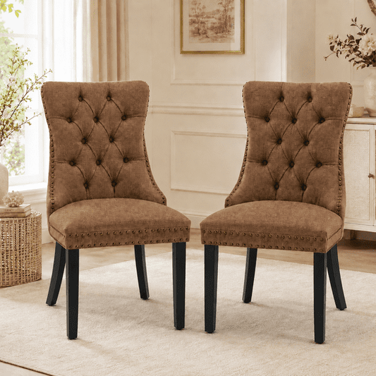 Tulib Upholstered Dining Chairs Set of 2, Tufted Linen Dining Chairs with Nailhead Trim, Foam Padded Dining Room Chairs with Rubberwood Legs, Coffee