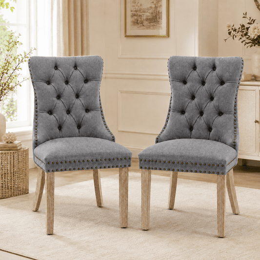 Tulib Upholstered Dining Chairs Set of 2, Tufted Linen Dining Chairs with Nailhead Trim, Foam Padded Dining Room Chairs with Rubberwood Legs, Gray