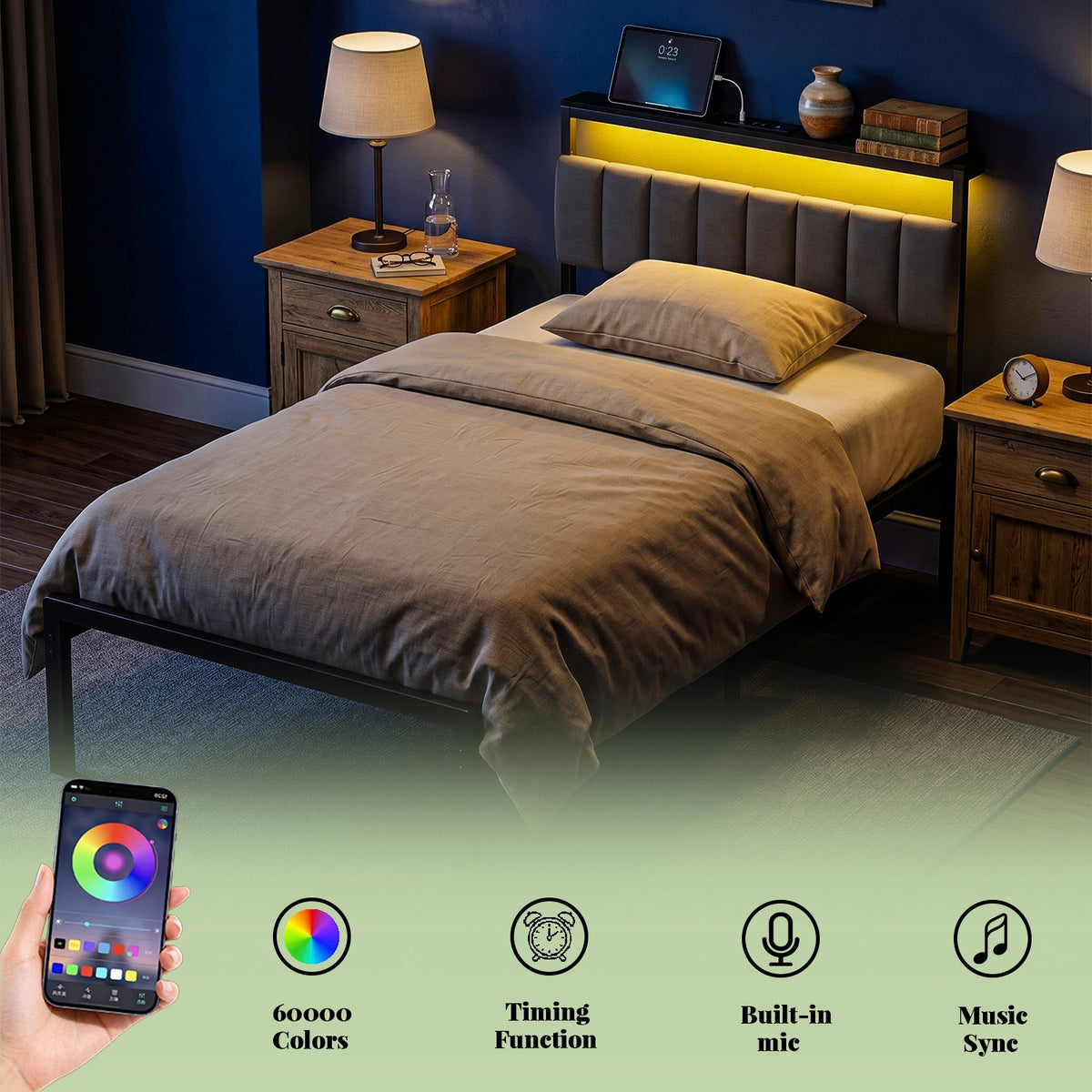 Tulib Twin Size Bed Frame, Upholstered Twin Bed with Headboard LED Lights, Charging Station, UnderBed Storage, No Box Spring Need, Easy Assembly