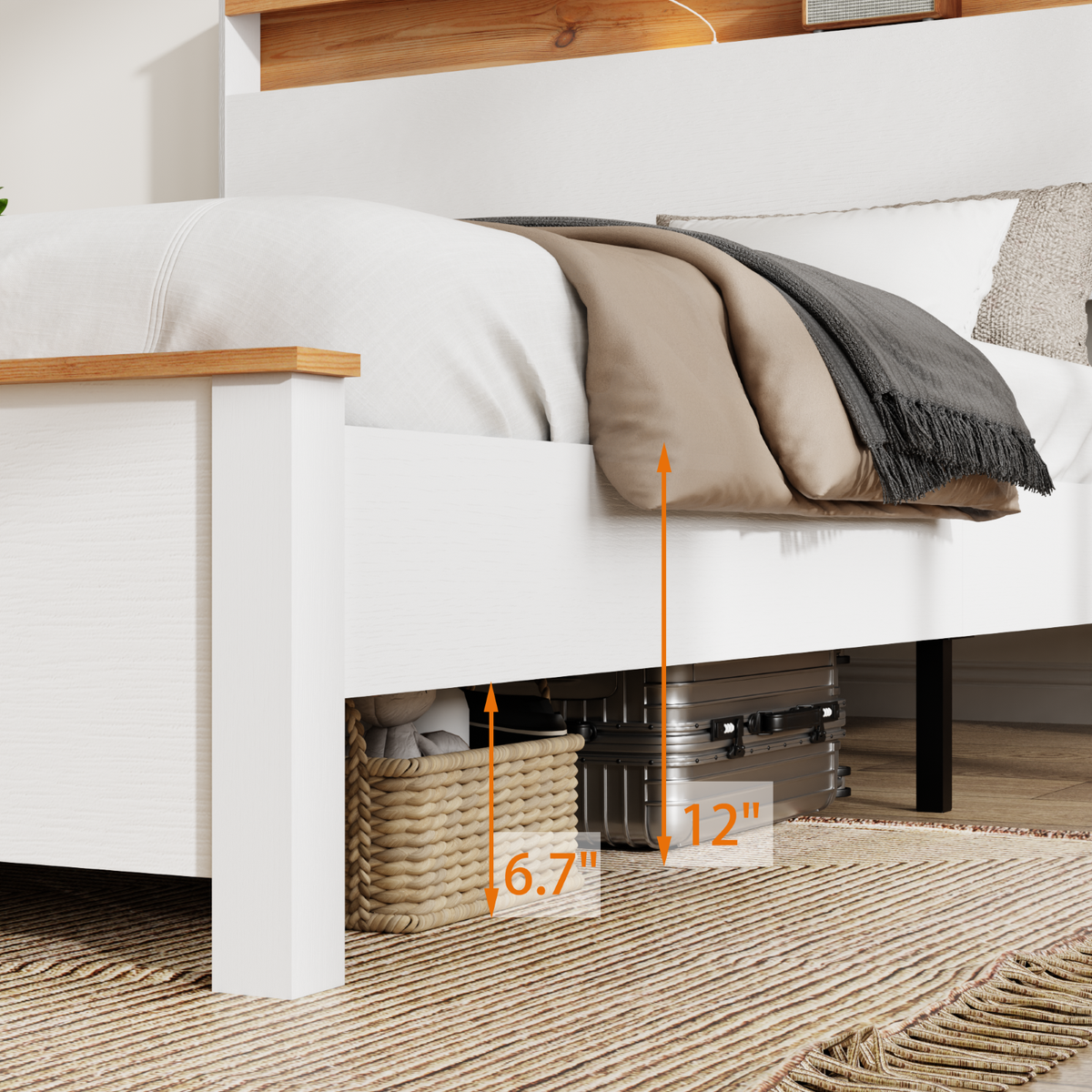 Tulib Queen Size Bed Frame with LED Lights and Charging Station, Platform Bed with Storage Headboard, No Box Spring Needed, White