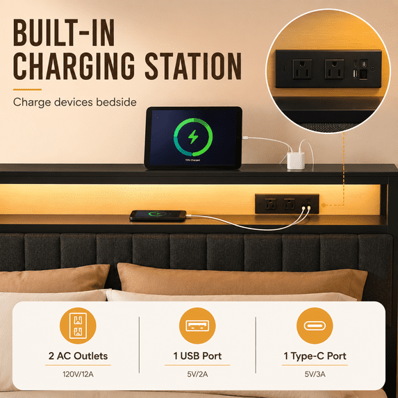 Tulib Full Size Upholstered Bed Frame with Storage Headboard & Large Drawer, RGB LED Lights, Charging Station, Metal Platform Bed with Under-Bed Storage, No Box Spring Needed, Black