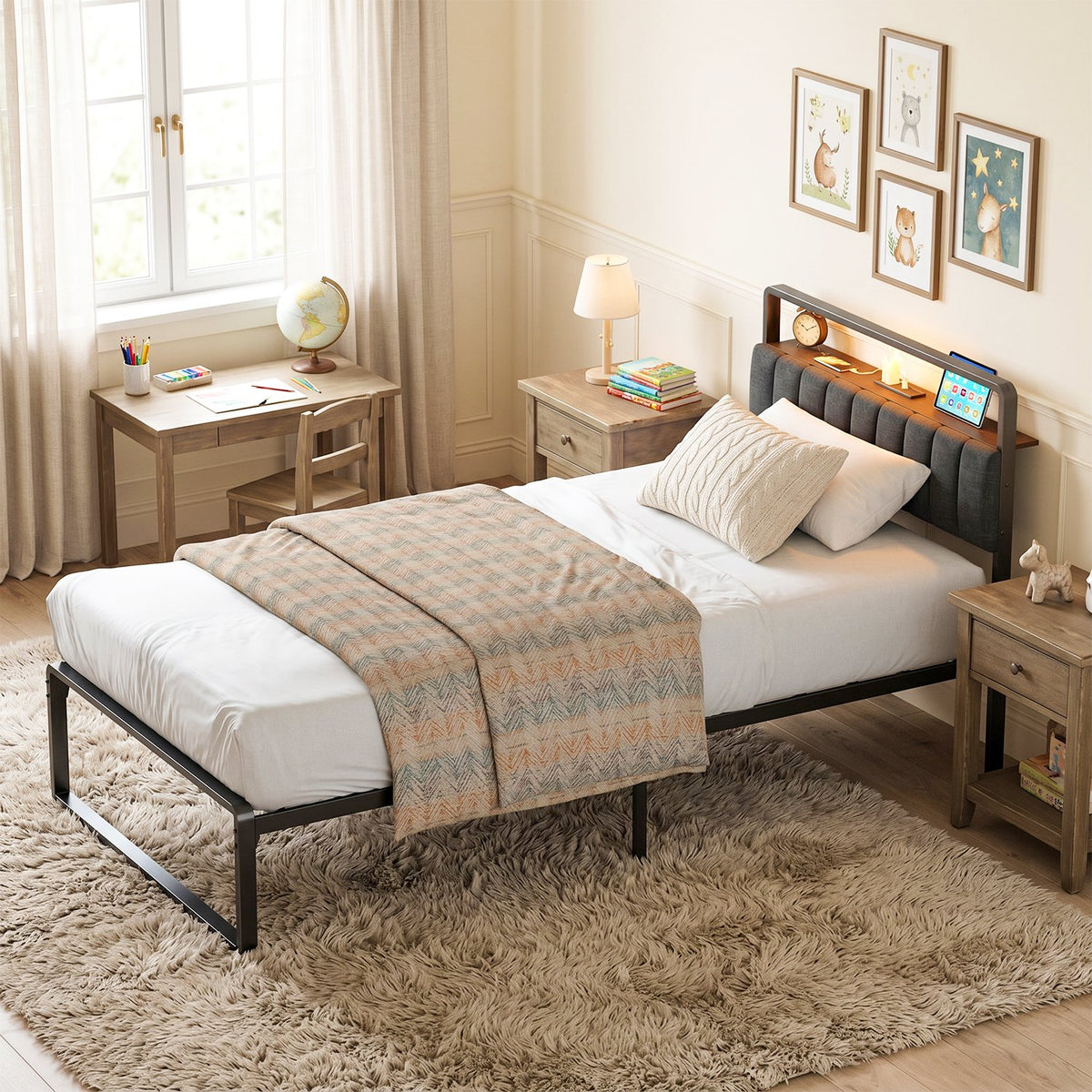 Tulib Twin Size Metal Bed Frame with Upholstered Headboard, RGB LED Lights & Charging Station, Heavy Duty Platform Bed with Under-Bed Storage, No Box Spring Needed, Easy Assembly