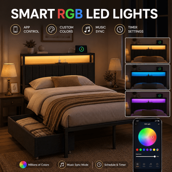 Tulib Twin Size Upholstered Bed Frame with Storage Headboard & Large Drawer, RGB LED Lights, Charging Station, Metal Platform Bed with Under-Bed Storage, No Box Spring Needed, Black