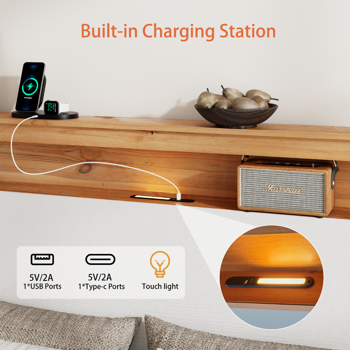 Tulib Queen Size Bed Frame with LED Lights and Charging Station, Platform Bed with Storage Headboard, No Box Spring Needed, White