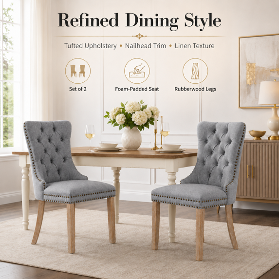 Tulib Upholstered Dining Chairs Set of 2, Tufted Linen Dining Chairs with Nailhead Trim, Foam Padded Dining Room Chairs with Rubberwood Legs, Gray