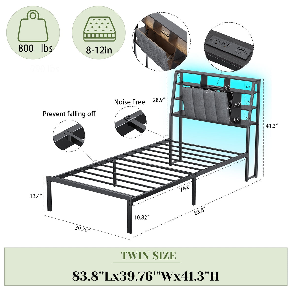 Tulib Twin Bed Frame with Underbed Storage, Upholstered Platform Twin Size Bed Frame, LED Storage Headboard, Charging Station, No Box Spring Needed, 800lbs Capacity, Easy Assembly