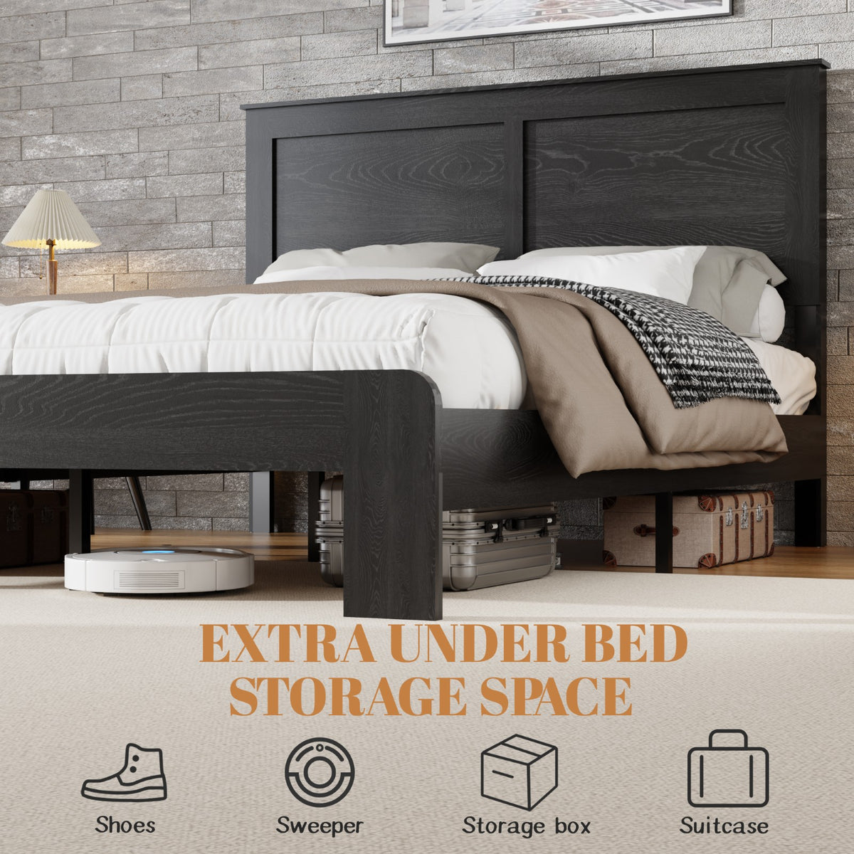 Tulib Queen Wood Bed Frame with Headboard, Farmhouse Platform Bed, Noise-Free, Easy Assembly, No Box Spring Needed, Black