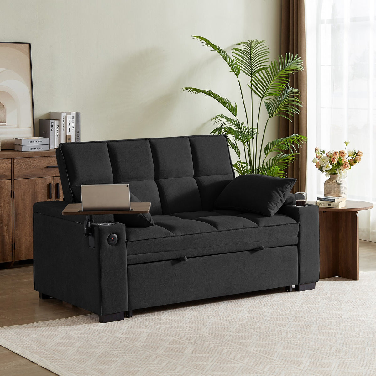 Tulib 3-in-1 Convertible Sleeper Sofa Bed, Pull Out Loveseat Couch with USB Charging Ports, Cup Holder & Swivel Side Table for Small Spaces, Black