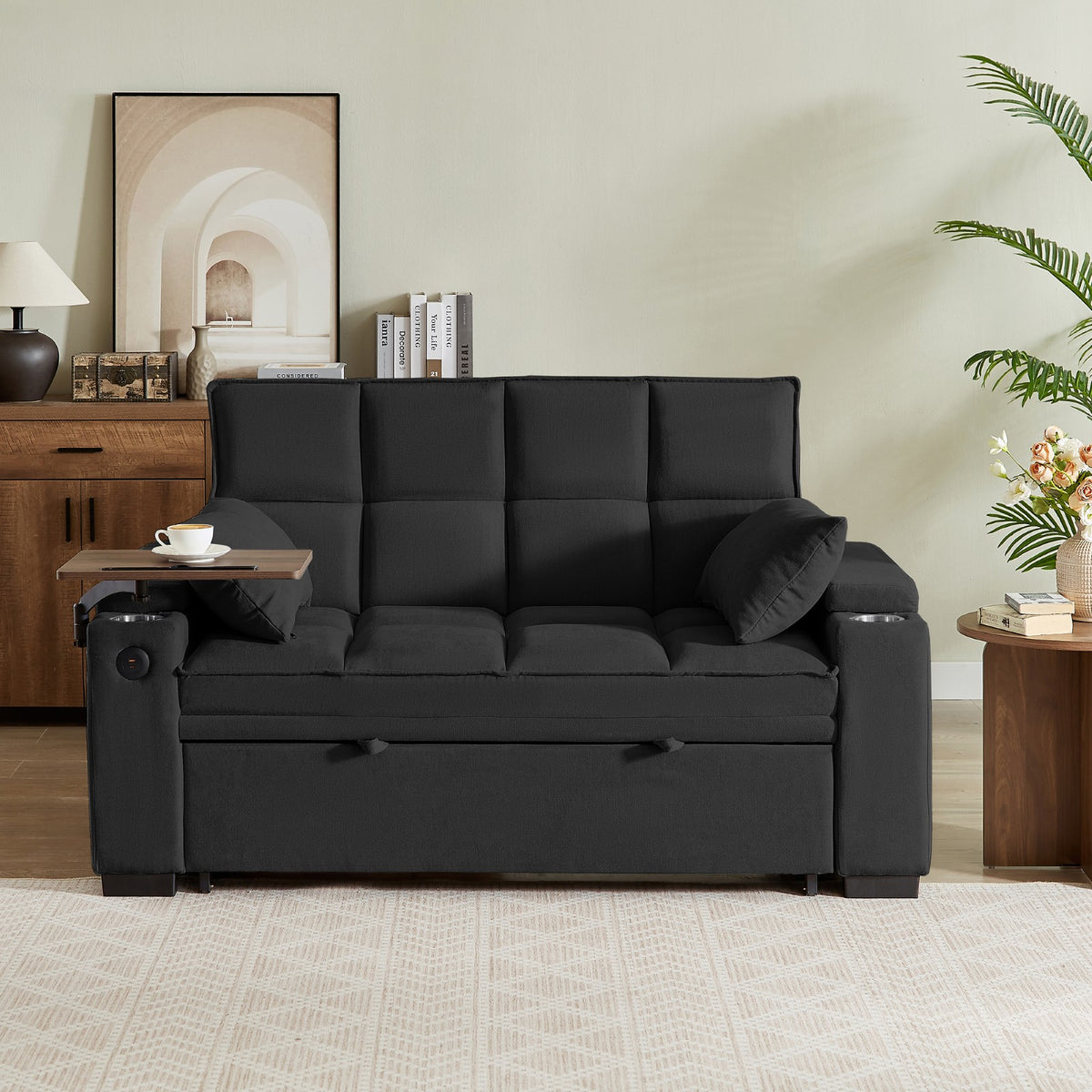 Tulib 3-in-1 Convertible Sleeper Sofa Bed, Pull Out Loveseat Couch with USB Charging Ports, Cup Holder & Swivel Side Table for Small Spaces, Black