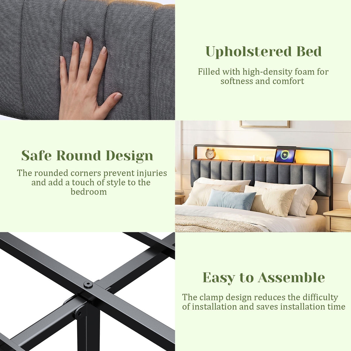 Tulib Full Size Metal Bed Frame with Upholstered Headboard, RGB LED Lights & Charging Station, Heavy Duty Platform Bed with Under-Bed Storage, No Box Spring Needed, Easy Assembly