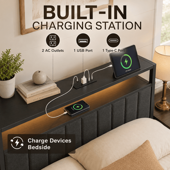 Tulib Twin Size Upholstered Bed Frame with Storage Headboard & Large Drawer, RGB LED Lights, Charging Station, Metal Platform Bed with Under-Bed Storage, No Box Spring Needed, Black