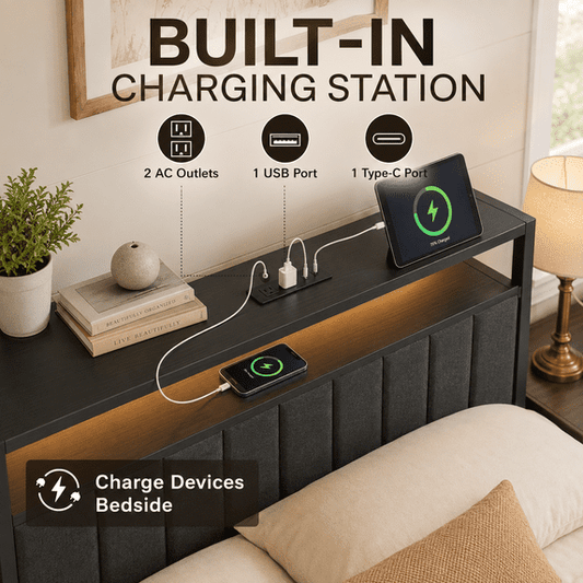 Tulib Twin Size Upholstered Bed Frame with Storage Headboard & Large Drawer, RGB LED Lights, Charging Station, Metal Platform Bed with Under-Bed Storage, No Box Spring Needed, Black