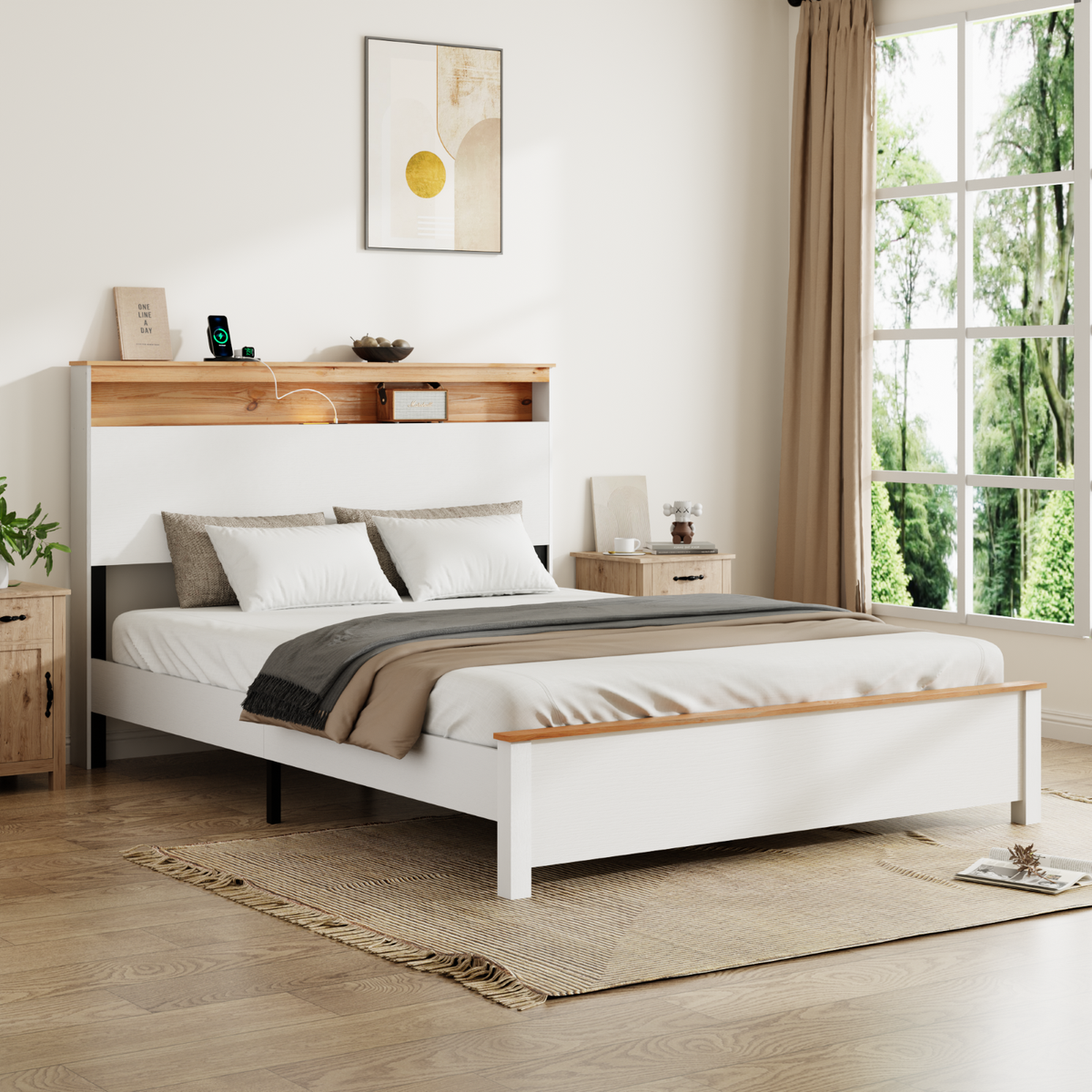 Tulib Queen Size Bed Frame with LED Lights and Charging Station, Platform Bed with Storage Headboard, No Box Spring Needed, White