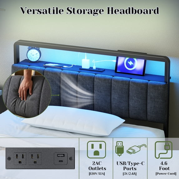 Tulib Full Size Metal Bed Frame with Upholstered Headboard, RGB LED Lights & Charging Station, Heavy Duty Platform Bed with Under-Bed Storage, No Box Spring Needed, Easy Assembly