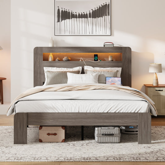 Tulib Queen Bed Frame with 2-Tier Storage Headboard, Wood Platform Bed with LED Lights and Charging Station, No Box Spring Needed, Dark Gray