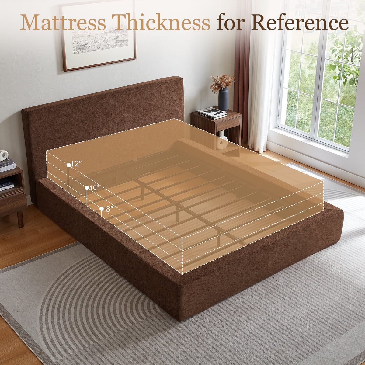 Tulib Queen Size Cloud Bed Frame with Upholstered Headboard, Chenille Fabric, Soft Rounded Edges, Brown