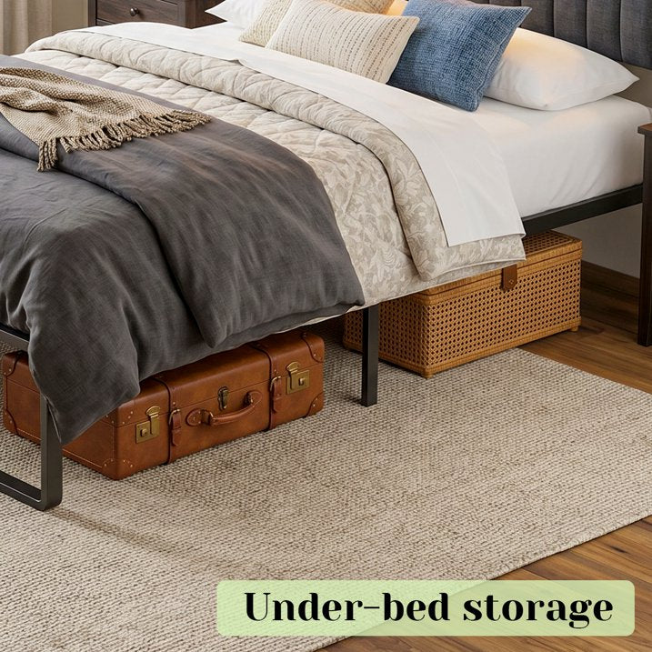 Tulib Full Size Metal Bed Frame with Upholstered Headboard, RGB LED Lights & Charging Station, Heavy Duty Platform Bed with Under-Bed Storage, No Box Spring Needed, Easy Assembly