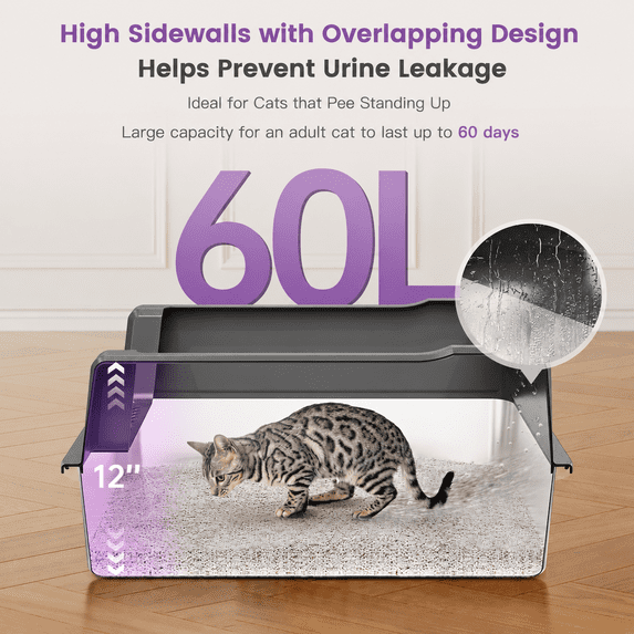 Tulib 26" Stainless Steel Cat Litter Box, Open Top Kitten Litter Box, with High Sides, Litter Mat and Scoop, Gray