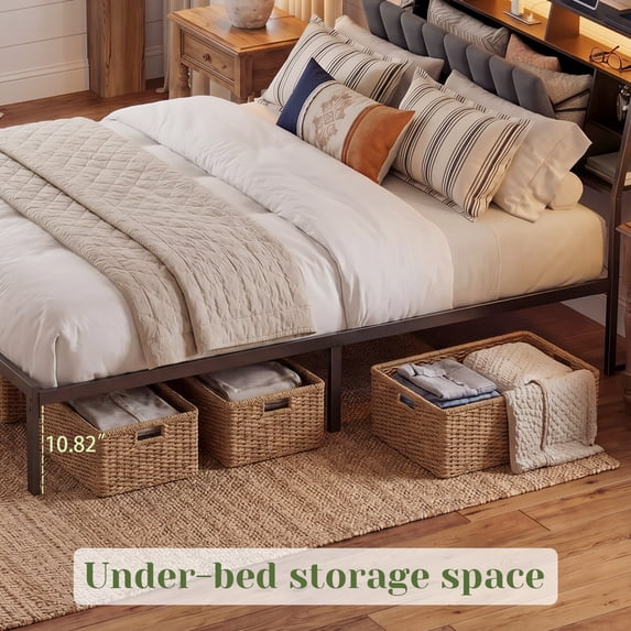 Tulib Twin Bed Frame with Underbed Storage, Upholstered Platform Twin Size Bed Frame, LED Storage Headboard, Charging Station, No Box Spring Needed, 800lbs Capacity, Easy Assembly