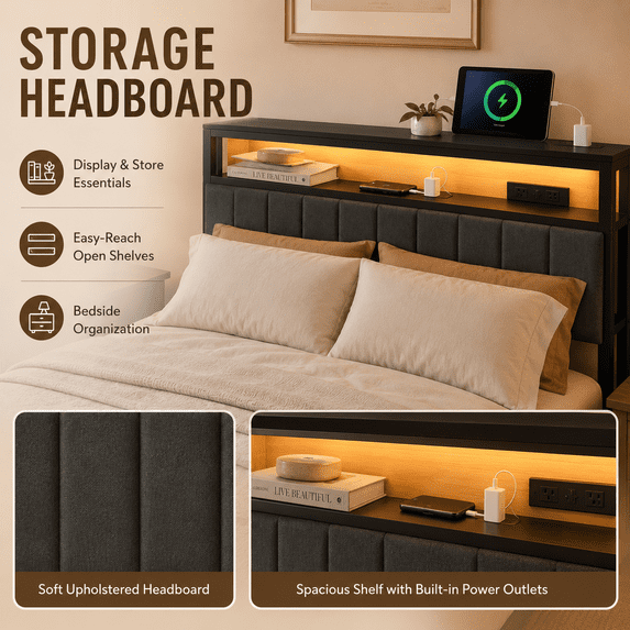 Tulib Queen Size Upholstered Bed Frame with Storage Headboard & Large Drawer, RGB LED Lights, Charging Station, Metal Platform Bed with Under-Bed Storage, No Box Spring Needed, Black