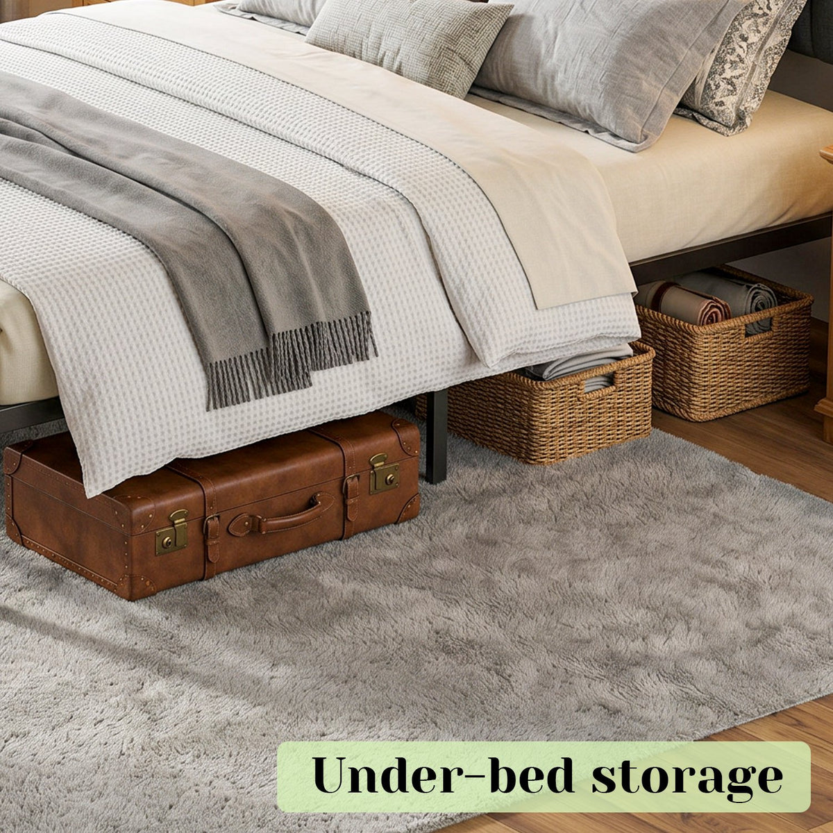 Tulib Queen Size Metal Bed Frame with Upholstered Headboard, RGB LED Lights & Charging Station, Heavy Duty Platform Bed with Under-Bed Storage, No Box Spring Needed, Easy Assembly